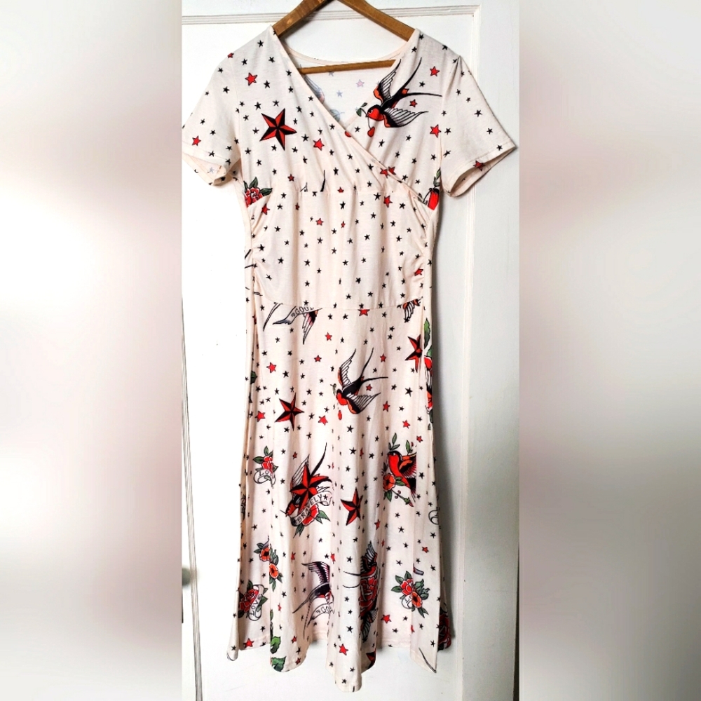 Women's Vintage Style Swallow Birds Tattoo Print Patchwork Sundressπ¦π